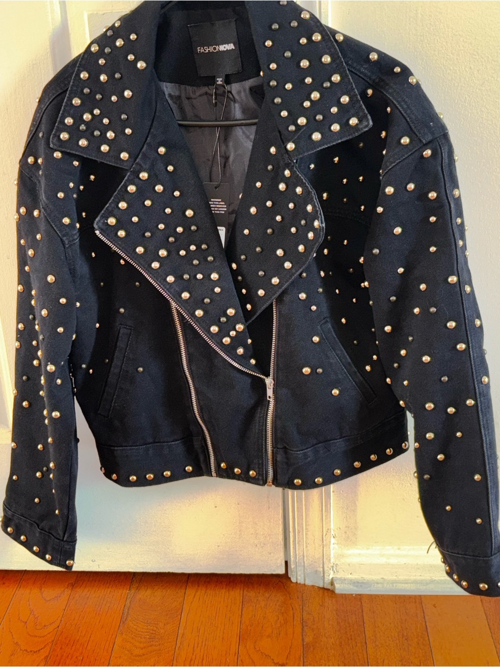 Fashion Nova Black Studded Moto Jacket with Gold-Tone Accents